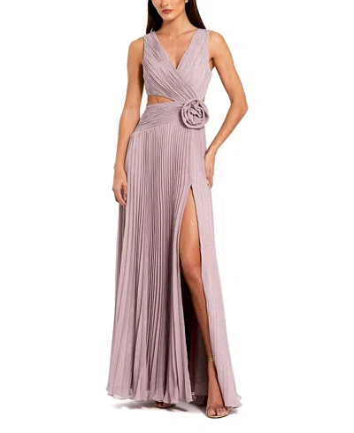 MAC DUGGAL RUCHED CHIFFON SLEEVELESS GOWN WITH 3D FLOWER