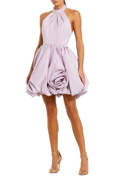 MAC DUGGAL HALTER NECK BUBBLE HEM SATIN MINI DRESS