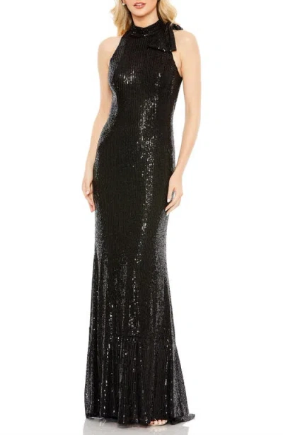 MAC DUGGAL SEQUINED SOFT TIE HALTER NECK COLUMN GOWN