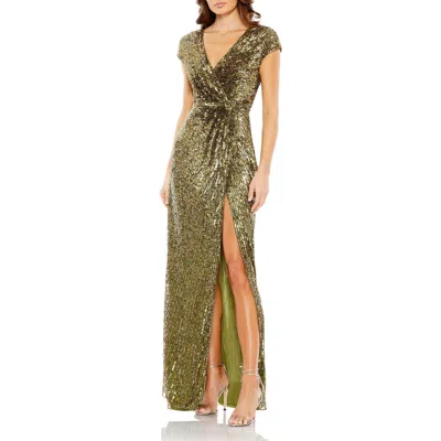 MAC DUGGAL MAC DUGGAL SEQUINED FAUX WRAP CAP SLEEVE GOWN