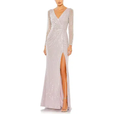 MAC DUGGAL MAC DUGGAL SEQUINED FAUX WRAP LONG SLEEVE GOWN