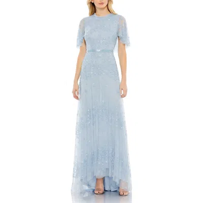 MAC DUGGAL MAC DUGGAL SEQUINED HIGH NECK FLUTTER SLEEVE A LINE GOWN