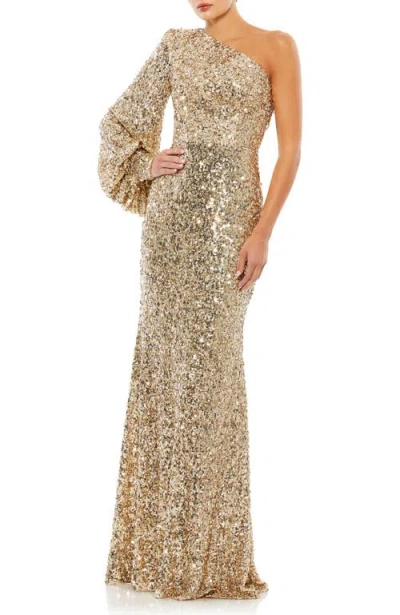 MAC DUGGAL MAC DUGGAL SEQUINED ONE SHOULDER BISHOP SLEEVE TRUMPET GOWN
