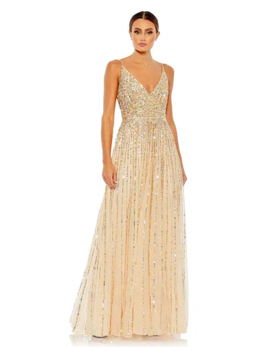 MAC DUGGAL SEQUINED SLEEVELESS WRAP OVER A LINE GOWN
