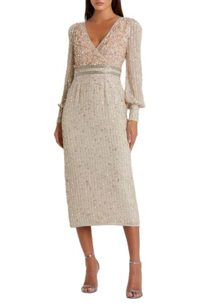 MAC DUGGAL MAC DUGGAL V-NECK SEQUINED OVERLAY GOWN WITH LONG BISHOP SLEEVES AND EMBELLISHED WAIST