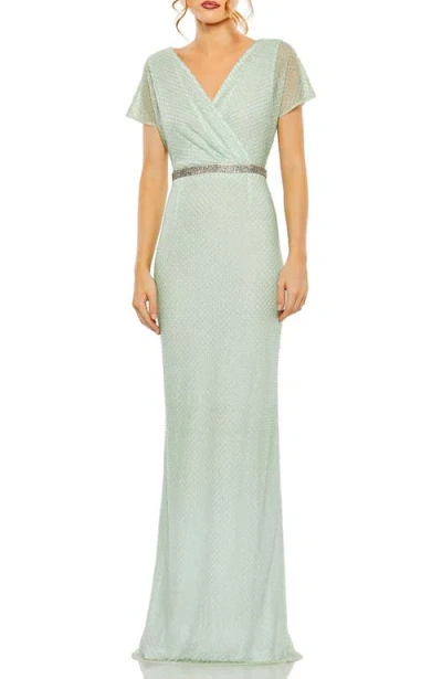 MAC DUGGAL MAC DUGGAL SHORT SLEEVE BEADED V-NECK GOWN