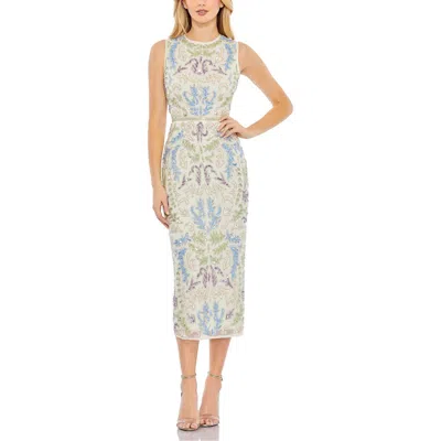 MAC DUGGAL MAC DUGGAL SLEEVELESS SEQUINED HIGH NECK TEA LENGTH DRESS