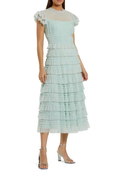 MAC DUGGAL RUFFLE HIGH NECK CAP SLEEVE MIDI DRESS