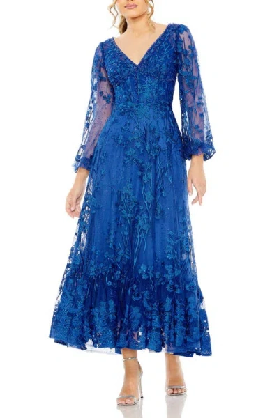 MAC DUGGAL MAC DUGGAL V NECK MECH PUFF SLEEVE A LINE EMBELLISHED DRESS