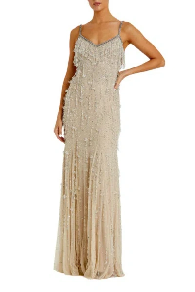 MAC DUGGAL V-NECK NET GOWN WITH THIN STRAPS AND ELEGANT EMBELLISHMENTS