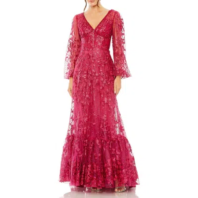 MAC DUGGAL MAC DUGGAL V NECK PUFF SLEEVE A LINE EMBROIDERED GOWN