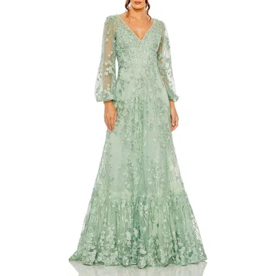 MAC DUGGAL MAC DUGGAL V NECK PUFF SLEEVE A LINE EMBROIDERED GOWN