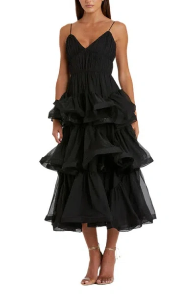 MAC DUGGAL MAC DUGGAL V NECK TIERED RUFFLE MIDI DRESS