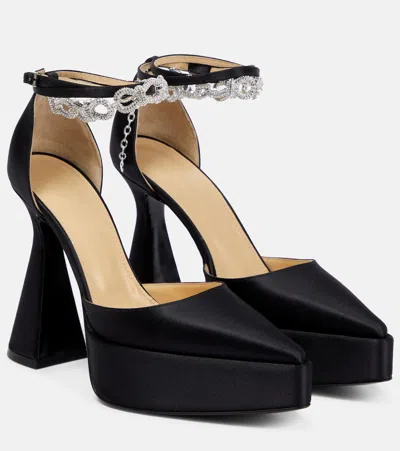 MACH&MACH BOW CHAIN EMBELLISHED SATIN PLATFORM PUMPS