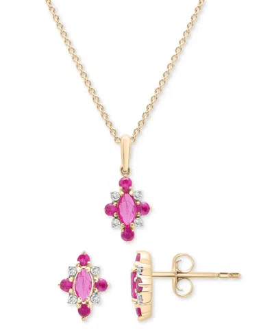 MACY'S 2-PC. RUBY (3/4 CT. T.W.) & DIAMOND (1/20 CT. T.W.) CLUSTER EARRINGS & PENDANT NECKLACE SET IN 14K G