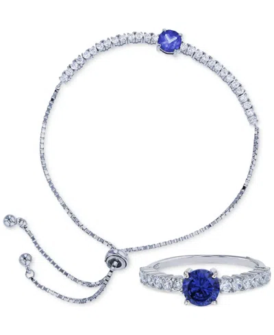 MACY'S 2-PC. SET BLUE & WHITE CUBIC ZIRCONIA RING & BOLO BRACELET IN STERLING SILVER