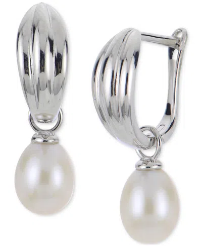 MACY'S CULTURED FRESHWATER PEARL (6-1/2-7MM) CHARM HOOP EARRINGS IN STERLING SILVER
