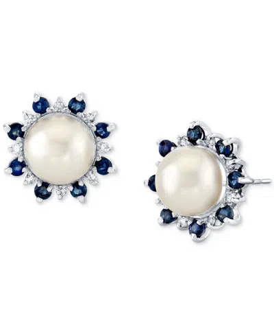 MACY'S CULTURED FRESHWATER PEARL (8MM), BLUE SAPPHIRE (1 CT. T.W.) & DIAMOND (1/8 CT. T.W.) STUD EARRINGS I