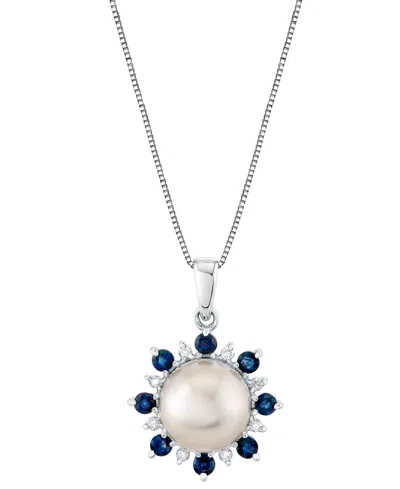 MACY'S CULTURED FRESHWATER PEARL (9MM), BLUE SAPPHIRE (5/8 CT. T.W.) & DIAMOND 18" PENDANT NECKLACE IN 14K 