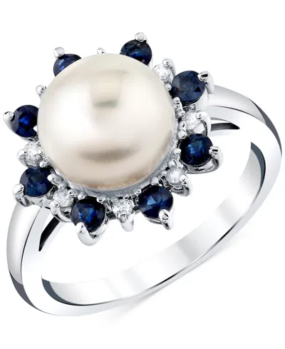 MACY'S CULTURED FRESHWATER PEARL (9MM), BLUE SAPPHIRE (5/8 CT. T.W.) & DIAMOND ACCENT RING IN 10K WHITE GOL