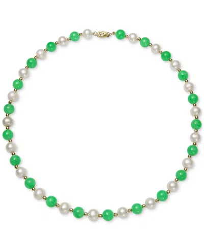 MACY'S DYED GREEN JADE & FRESHWATER PEARL (7-1/2MM) 18" COLLAR NECKLACE IN 14K GOLD