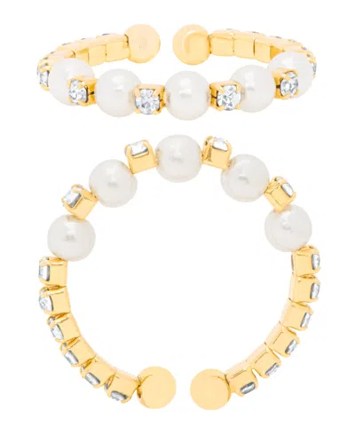 MACY'S GOLD PLATED SIMULATED IMITATION PEARL AND CUBIC ZIRCONIA STRETCH RING