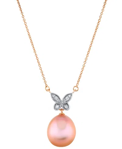 MACY'S PINK BAROQUE CULTURED FRESHWATER PEARL (11MM) & DIAMOND ACCENT BUTTERFLY 18" PENDANT NECKLACE IN 14K