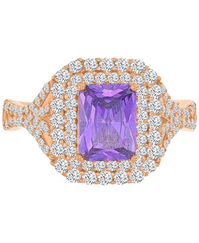 MACY'S PURPLE & WHITE CUBIC ZIRCONIA DOUBLE HALO STATEMENT RING IN 14K ROSE GOLD-PLATED STERLING SILVER