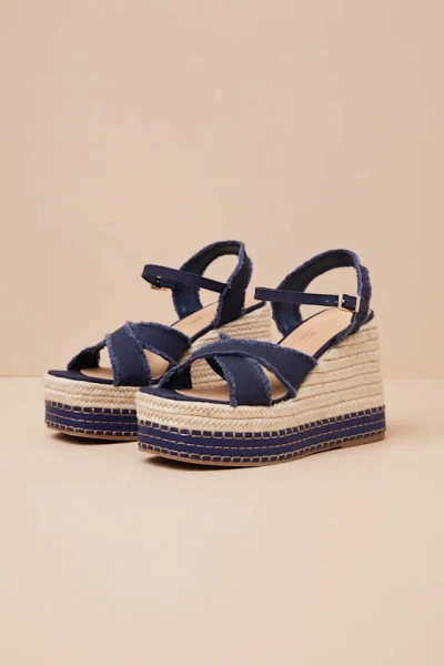 MADDEN GIRL CARLOTTA NAVY CANVAS RAFFIA WEDGE SANDALS