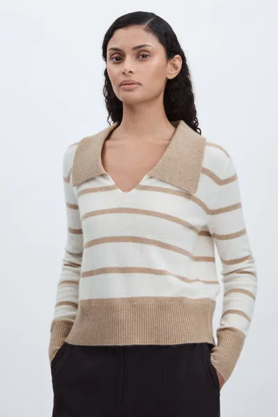 MADELEINE THOMPSON MADELEINE THOMPSON WHITE/BEIGE CASHMERE OPEN COLLAR STRIPED JUMPER