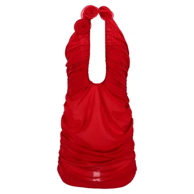 MAGDA BUTRYM STRAPLESS APPLIQUÉD CUTOUT MINI DRESS IN RED SILK