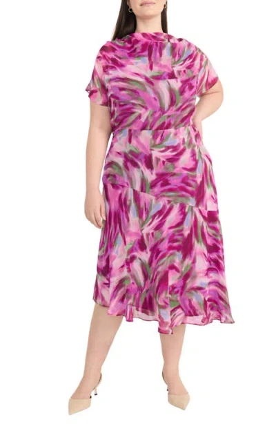 MAGGY LONDON MAGGY LONDON ABSTRACT PRINT ASYMMETRIC CHIFFON MIDI DRESS