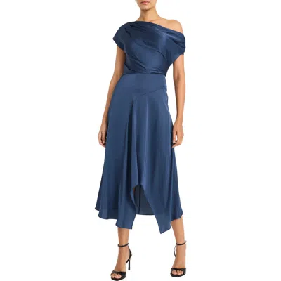 MAGGY LONDON MAGGY LONDON ASYMMETRIC NECK & HEM SATIN COCKTAIL MIDI DRESS