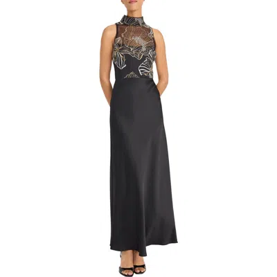 MAGGY LONDON MAGGY LONDON METALLIC EMBROIDERY MIXED MEDIA GOWN