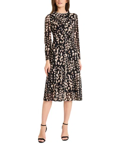 MAGGY LONDON WOMEN'S PRINTED LONG-SLEEVE PLEATED DRESS