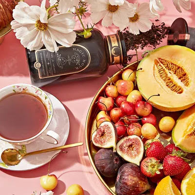 MAGIC HOUR BOHEMIAN BREAKFAST BLACK TEA PROBIOTIC RICH VANILLA PUERH TEA FOR DIGESTION & ENERGY IN VIOLET GLASS