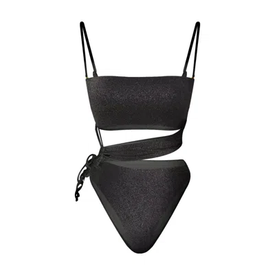 MAHOGANY COAST SWIM WOMEN'S AMOUR SIDE-TIE BANDEAU SWIMSUIT IN BLACK SHIMMER