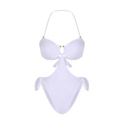 MAHOGANY COAST SWIM WOMEN'S DESIRE RUCHED BANDEAU SIDE-TIE SWIMSUIT IN WHITE