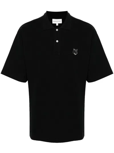 MAISON KITSUNÉ BLACK EMBROIDERED FOX COTTON POLO