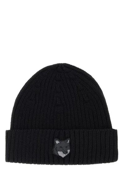 MAISON KITSUNÉ BLACK WOOL BEANIE HAT