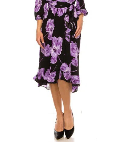 MAISON TARA FAUX WRAP FLORAL MIDI DRESS IN BLACK IRIS