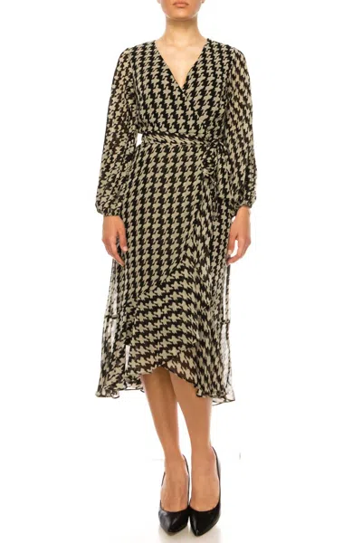 MAISON TARA FAUX WRAP HOUNDSTOOTH PRINT MIDI DRESS IN BLACK TAUPE