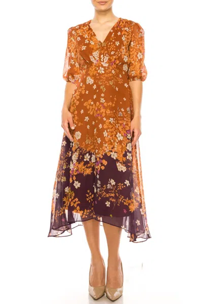 MAISON TARA FLORAL CONTRAST THREE FOURTH SLEEVE DRESS IN PAPRIKA EGGPLANT