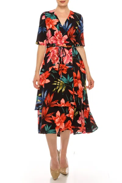 MAISON TARA FLORAL ILLUSION WRAP MIDI DRESS IN NAVY FLORAL