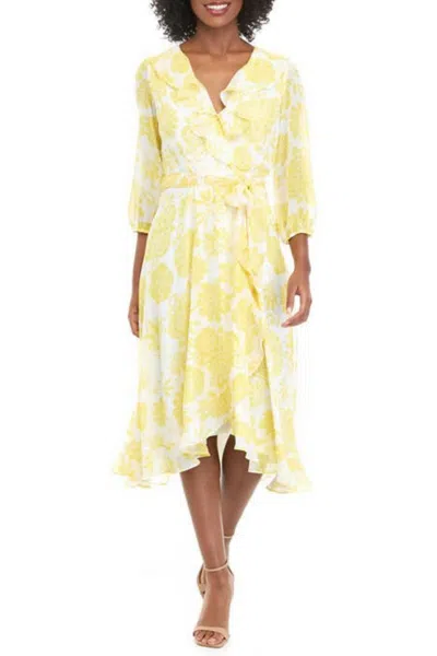 MAISON TARA FLORAL THREE FOURTH SLEEVE WRAP MIDI DRESS IN IVORY DAFFODIL