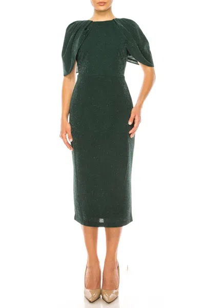 MAISON TARA METALLIC CAPELET SLEEVE MIDI DRESS IN HUNTER SILVER