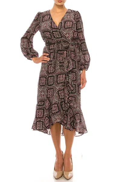 MAISON TARA MULTI PRINT SURPLICE NECK FAUX WRAP MIDI DRESS IN BLACK BLUSH