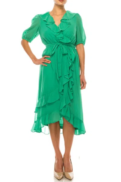MAISON TARA RUFFLE SLEEVE HI-LO FAUX WRAP MIDI DRESS IN FERN