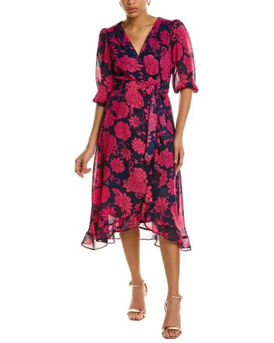 MAISON TARA RUFFLE SLEEVE HI-LO FAUX WRAP MIDI DRESS IN NAVY CERISE