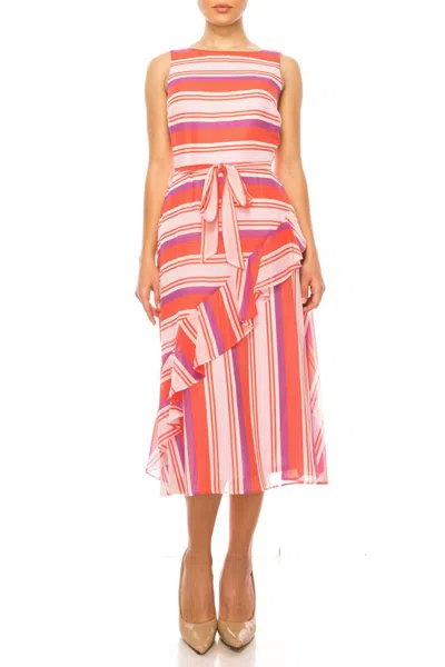 MAISON TARA STRIPED BELTED SLEEVELESS MIDI DRESS IN CORAL MULTI